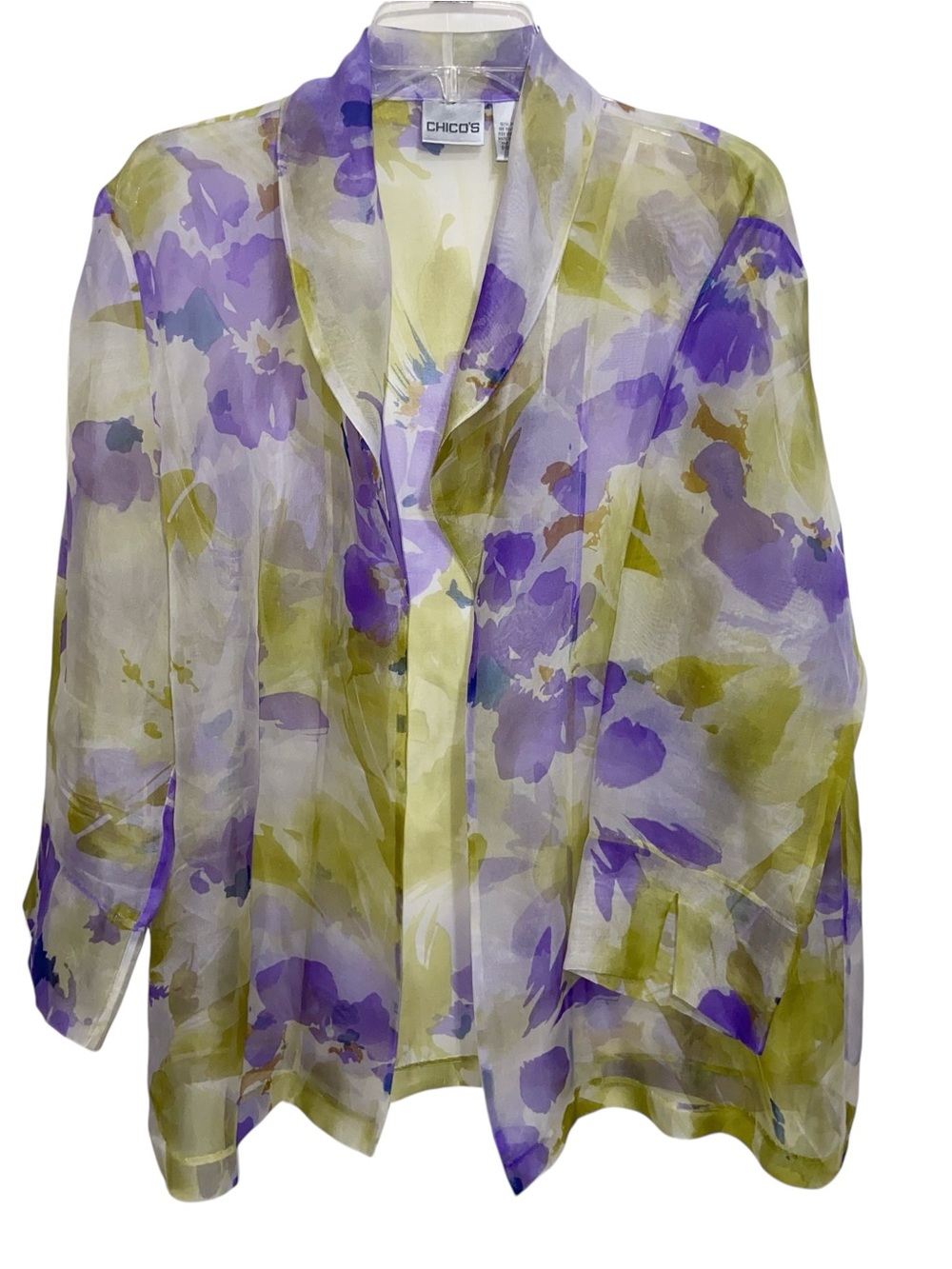 Chicos Jacket Top Womens XL Size 3 Floral 100% Silk Sheer Open Front Topper Boho